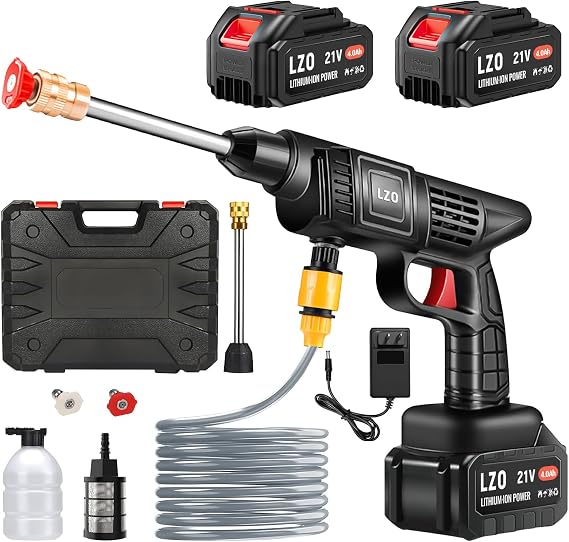 Cordless Pressure Washer 21V x2 batteries , Cordless Power Washer Battery Powered, Portable Pressure Washer w/ 6-in-1 Nozzle, Soap Container, Charger Included
