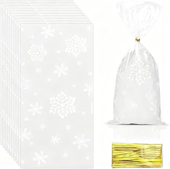 Sociaooil Christmas Cellophane Gift & Treat Bags - 100 Clear Snowflake Cookie Candy Bags with Twist Ties for Xmas Winter Holiday Party Favor Goody Supplies