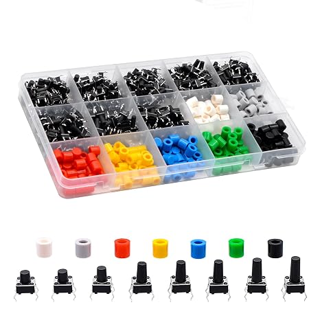 420Pcs Tactile Push Button Switch Set | 8 Values (6x6mm) Momentary Tact Switches with 7 Color Button Caps, for Electronics, PCB Prototyping, DIY Projects