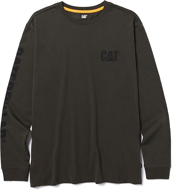 Caterpillar Trademark Banner Long Sleeve Tee Shirts for Men with Center Back Neck Wire Management Loop and Cat Workwear Logo | Center Back Neck Wire Management Loop, Cat Logos