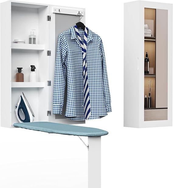 Wall Mounted Ironing Board with Storage Cabinet,Built in Ironing Board & Folding Support Leg, Wall-Mounted Mirrors for Home, Apartment & Small Spaces
