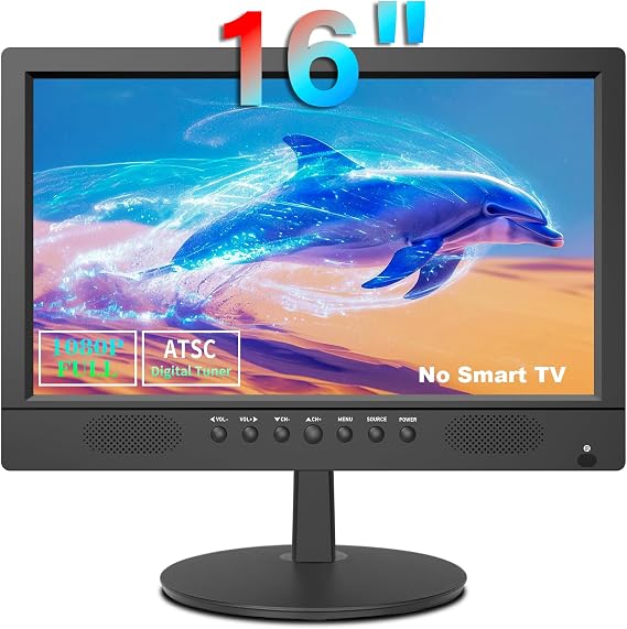 Jexiop 16 inch Flat Screen TV,Small TV with Remote Control-Perfect Full HD 1080P for Kitchen,Dual Power DC-12V & AC AC Adapter Inputs for Your RV & Kitchen Watch HDTV Anywhere
