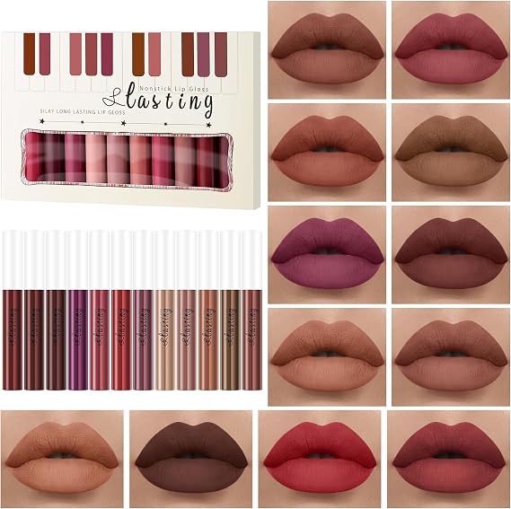 Matte Liquid Lipstick Set - 12 Pack Nude Lip Gloss Lip Kit Long Lasting, Transfer Proof & Moisturising Velvet Lipstick, Cruelty Free Lip Makeup Gift Set Gift Set for Women