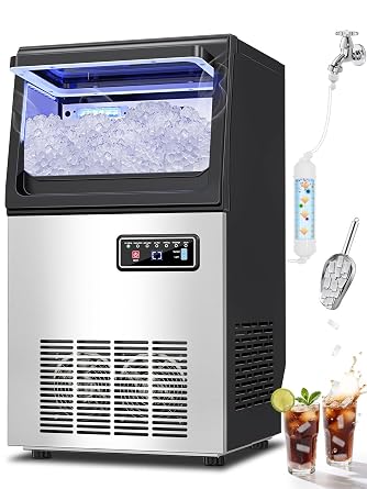 Commercial Nugget Ice Maker Machine with 12Lbs Storage Bin, 70Lbs/24H Stainless Steel Undercounter/Freestanding Pellet Crushed Chewable Ice Maker with Self-Cleaning for Home, Party, Office