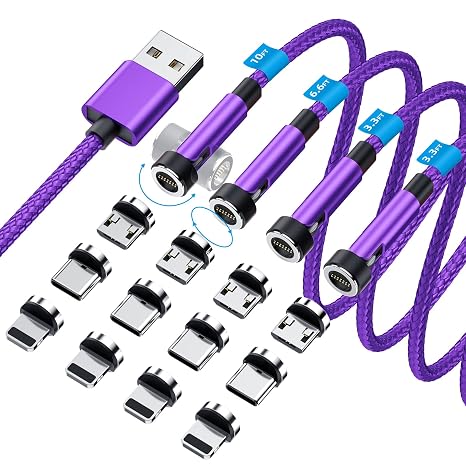 Ankndo 5-in-1 Magnetic Charging Cable, 540 Rotation Magnetic Phone Charger [4-Pack, 3ft/3ft/6ft/10ft] USB A/Type C Fast Charging Charger Cable for iproduct/Micro USB/USB C Devices-Purple