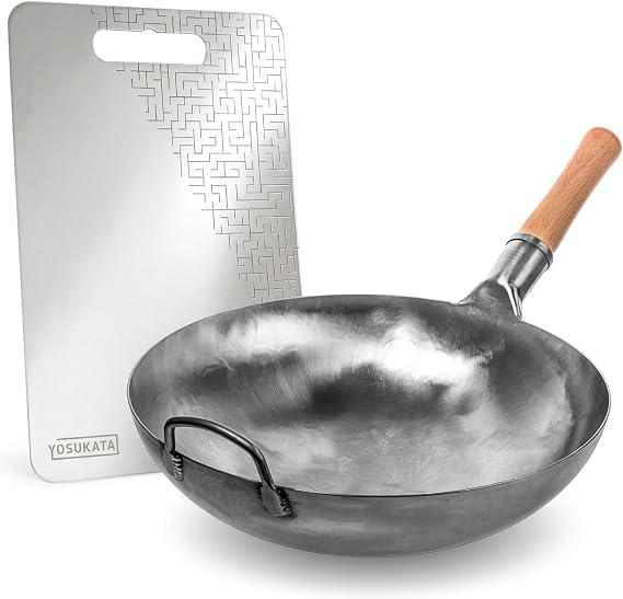 YOSUKATA 14 Round Bottom Carbon Steel Woks and Stir Fry Pans Premium Stainless Steel Cutting Board 14.6x10 Inch