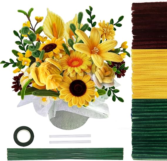 TOAOB 200pcs Pipe Cleaners Sunflowers Bouquets Yellow Brown Dark Green Kit | Craft DIY Chenille Stems Artificial Flowers Craft Kit for DIY Art and Crafts Home Decorations