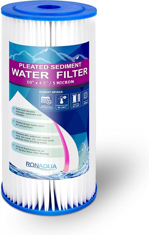 Big 10 x 4.5 inches Pleated Washable & Reusable Sediment Filter 5 Micron Amplified Surface Area, Removes Sand, Dirt, Silt, Rust, Extended Filter Life for 10" Big Housing