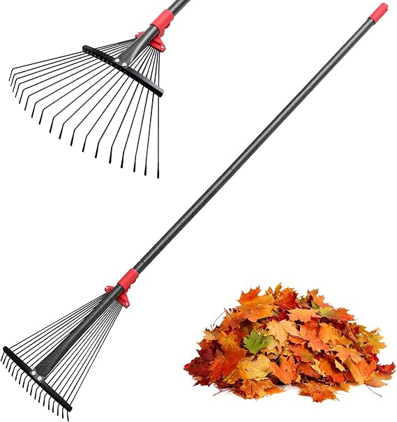 Leaf Rake, Garden Rakes for Lawns Heavy Duty, 9"-17" Collapsible Rake Head, 30-60 Adjustable Long Handle, Metal Rake Tool for Gardening Camping Clear Collect Leaves Debris, 18 Anti-Rust Wire Tines