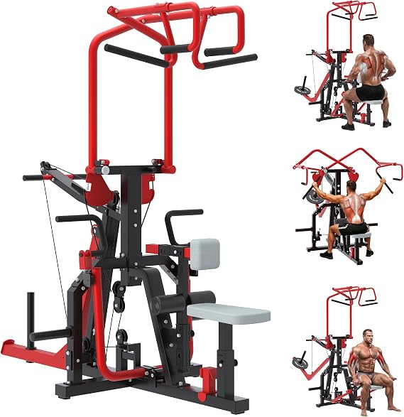 3-in-1 LAT Pull Down Scissor-Style feat Seated Row & Tricep Machine, Back Workout Plate Loaded Machine, LAT Tower with Cable Row Attachment, Home Gym Pulley System Machine
