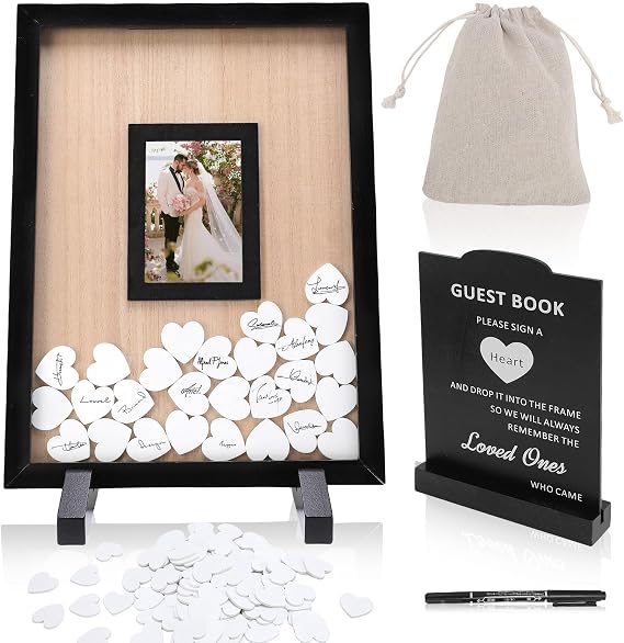 Wedding Guest Book Alternative, Wooden Picture Frame Guestbooks,with 90+ Wooden Hearts, Guest Book Alternative for Birthday Wedding Baby Shower Anniversary Party