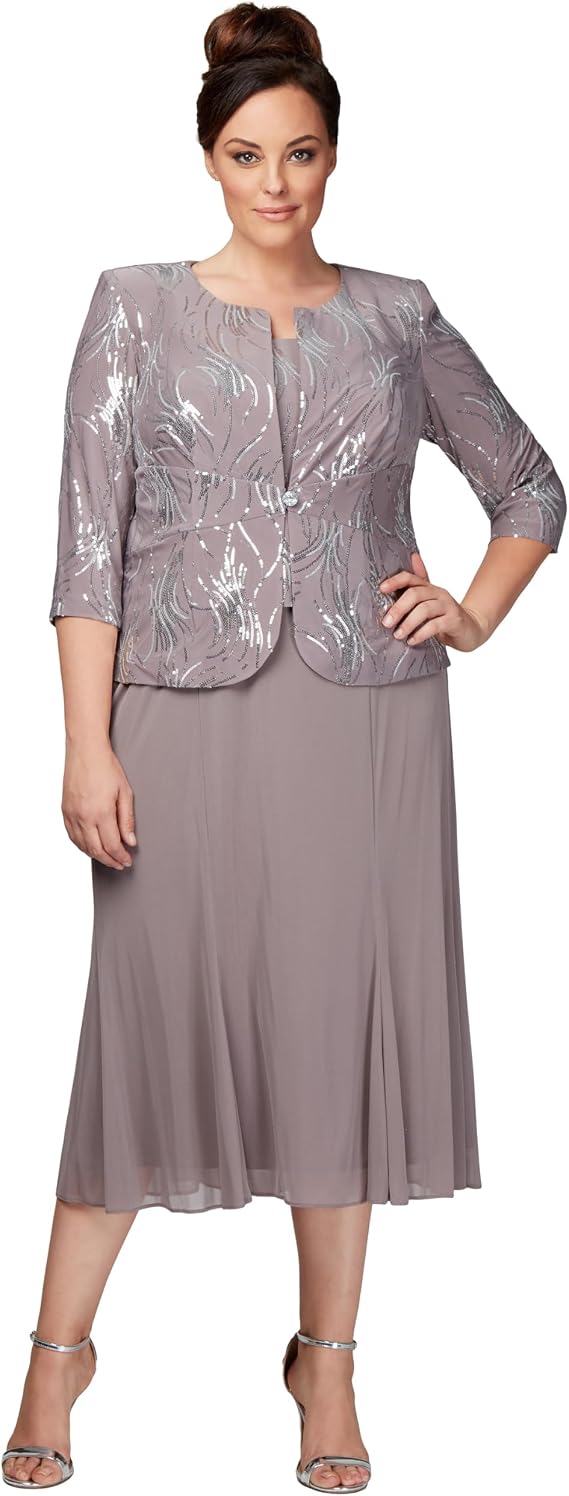 Alex Evenings Women's Plus Size Tea Length Button-Front Jacket Dress