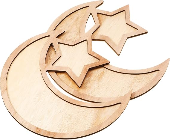 2 Sets Ramadan Wood Tray Moon Wooden Star Tableware Eid Mubarak Party Serving Tableware for Breakfast Dinner Dessert Pastry Display Holder Decoration Ornament