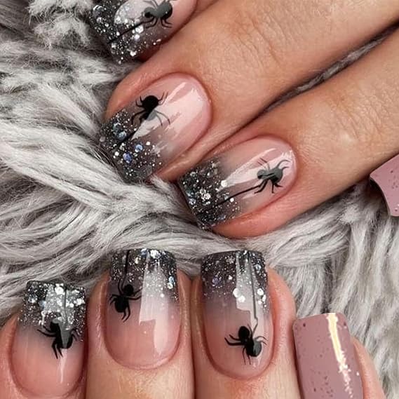 24Pcs Halloween Press On Spider Nails - Short Square Glitter Tips with Designs, Full Cover, Glossy Finish, French Tip, Acrylic Glue