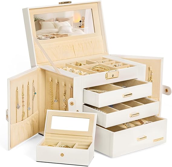 Homde 2 IN 1 Jewelry Box for Women Girls with Small Travel Case Mirror Necklace Ring Earrings Organizer(White + Gold) - Ideal Gift for Her