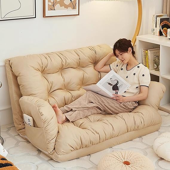 Large Foldable Lazy Sofa Bed Convertible Cozy Sofa with 6 Adjustable Position, Detachable Breathable Technical Fabric for Living Room, Bedroom, Balcony,Beige