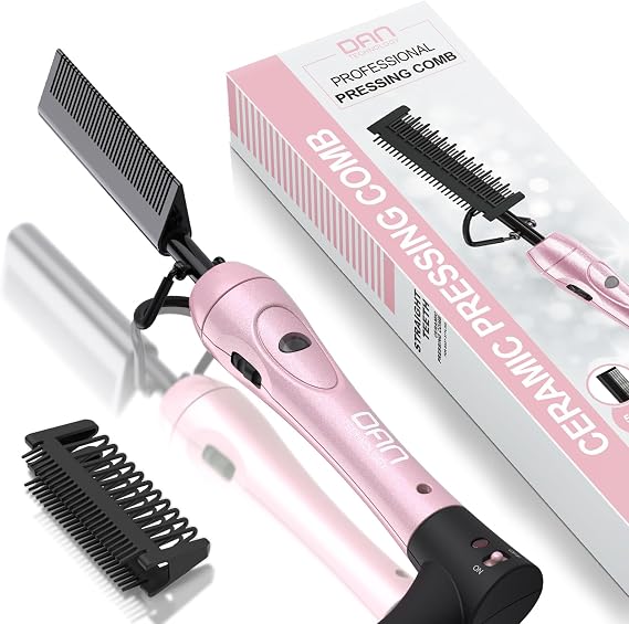 Hot Comb by Brand - Ceramic Straightening Comb for Wigs, Afro Hair & Beard - Anti-Scald, Dual Voltage, Adjustable Heat, 60 Min Auto Shut Off