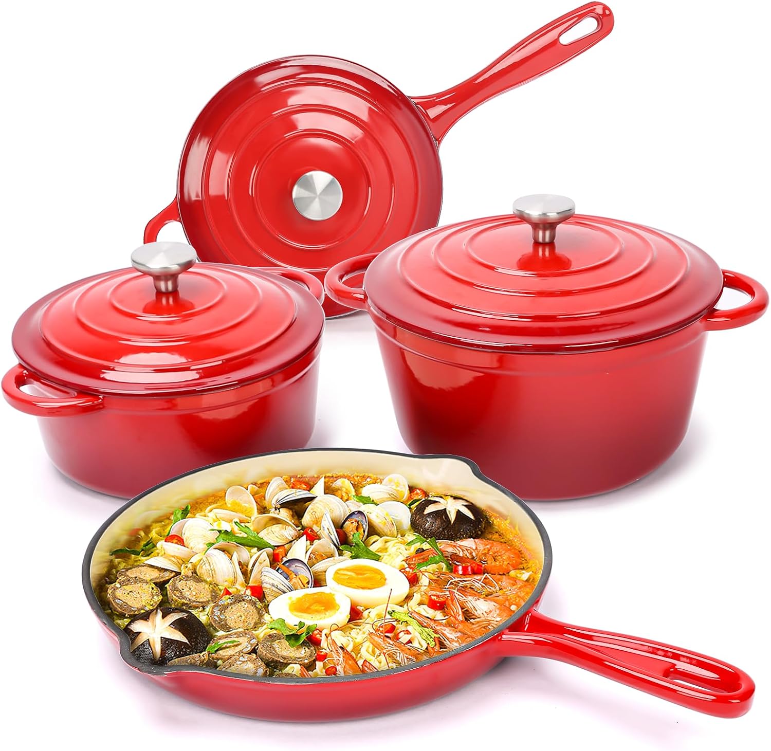 Denmay Enamelled Cast Iron Cookware Set - 7 Piece Dutch Ovens, Pot, Pan, 3 Lid, Dutch Oven Set Baking Bread, Ceramic Non-Stick Coating, GasInductionOven Compatible Red
