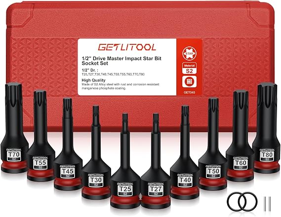 GETLITOOL 1/2 Inch Torx Bit Impact Wrench Nut Set 10-Piece S2 Steel Bit Insert Set T25 - T80 Length 78 mm Socket Set for Torx Screws