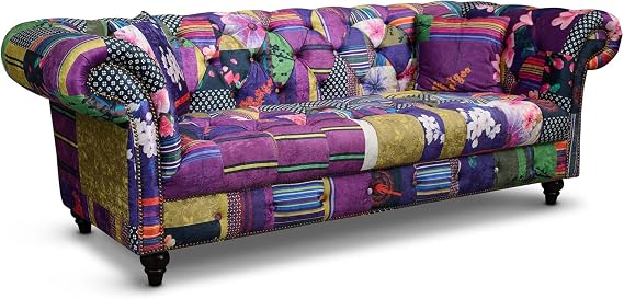 Patchwork Fabric 3 Seater Chesterfield Sofa Loveseat, Classic Couch Scroll Arms Buttoned Back, Bold Accent Patterned Floral Settee, 3 and 2 Seater Sofa Sets Available, Living Room Furniture