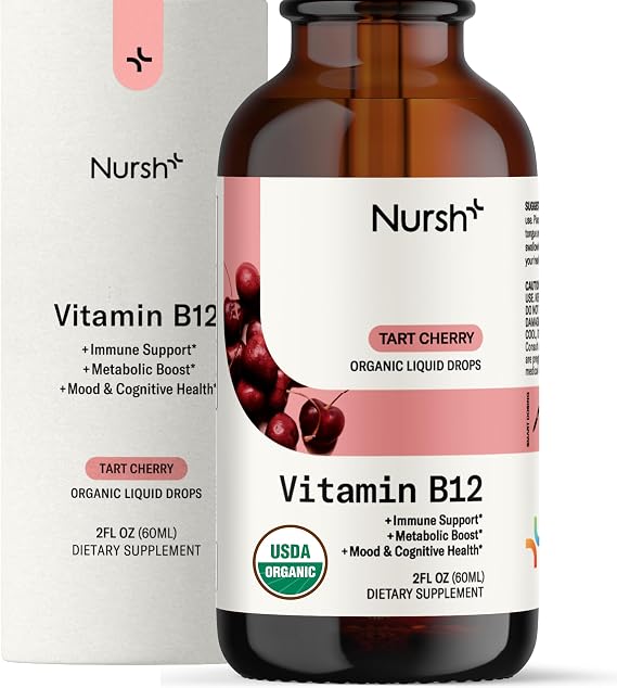 Nursh+ Boost Sublingual Vitamin B12 Liquid Drops Extra Strength 5000 mcg Methylcobalamin for Energy Boost & Daily Wellness, Fast Absorbing, USDA Certified Organic & Vegan, 2 fl oz