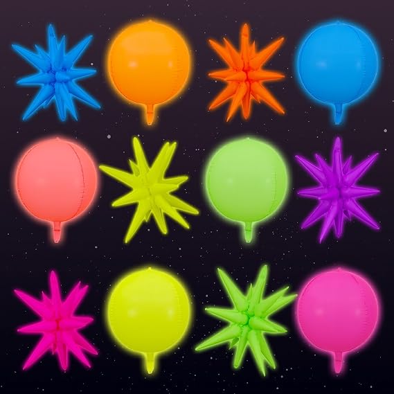 12pcs 4D 22 inch round and starburst neon balloon,glow in the dark balloons,fluorescent birthday decorations spike balloons,for fluorescent birthday decorations,summer party supplies