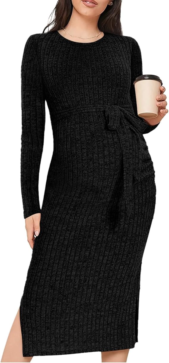 guruixu Crewneck Maternity Sweater Dress Rib Knit Long Sleeve Slit Pregnancy Dress Clothes with Belt