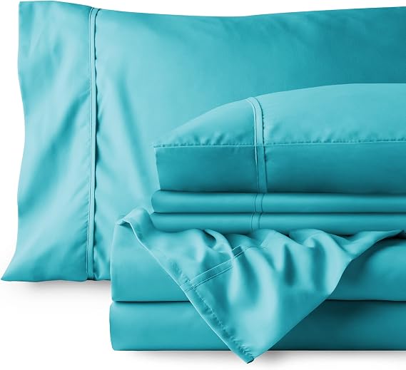 5 Piece Split King Sheets 15 Deep Pocket Aqua Blue Sheet Set Ultra-Soft Sheets 2 Pillowcases