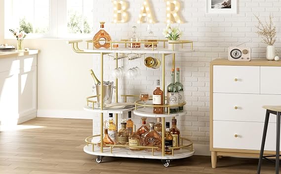 CABIHOME Gold 3-Tier Rotating Bar Cart with Wheels, Modern Serving Cart for Kitchen, Living Room, Dining Room