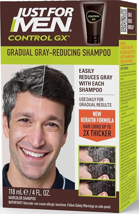 Just for Men Control GX Gray Reducing Shampoo, Keratin, 4 Fl Oz (1 Pack) | Control GX multi-patented formula gradually reduces gray with each shampoo. Keratin strengthens and thickens hair.