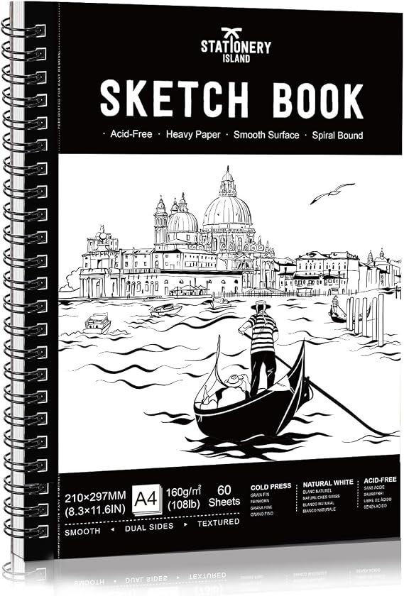 STATIONERY ISLAND Sketchbook Spiral Bound 60 Sheets A4 160gsm Premium Drawing Paper for Sketching, Drawing & Painting Sketch Pad Art Book for Pencils, Charcoal