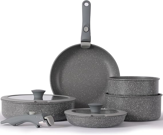 Vkoocy Nonstick Pots and Pans Set with Removable Handle, Ceramic Cookware Set with Removable Handle, Induction Kitchen, Camping, Stackable Pots and Pans, Dishwasher and Oven Safe, Grey