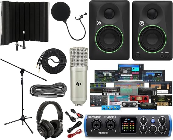 PreSonus Studio 24c 2x2 USB Type-C Audio/MIDI Interface with CR3.5 Creative Reference Multimedia Monitors and 1/4 Instrument Cable and Microphone Isolation Shield