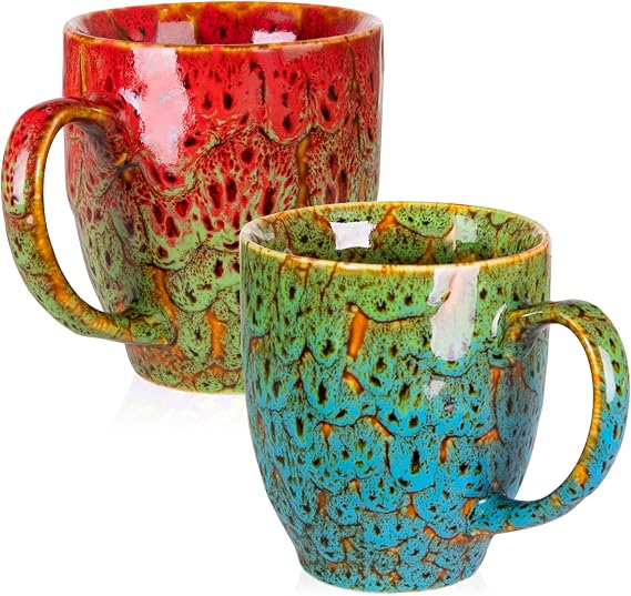 Set of 2 Durable 16 oz Coffee Cups, Large Coffee Mugs with Ergonomic Handle, Ceramic Mugs Dishwasher & Microwave Safe, Ideal Tea Mugs for Home, Office, Gifts (Coffee, Tea, Hot Cocoa, Latte Cup)