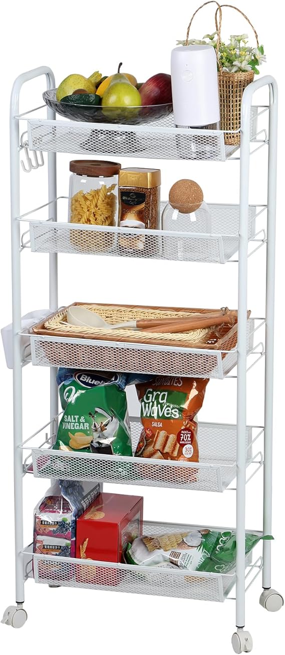 Fruit Vegetable Storage Basket with Rolling Wheels, 5 Tier Stackable Metal Mesh Storage Basket, Fruit and Vegetable Basket Cart, Produce Storage Organizer for Kitchen, Pantry, Bathroom (White)