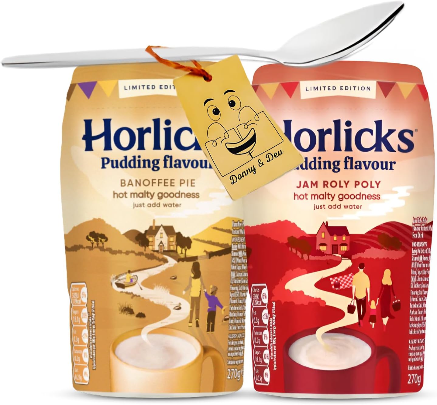 Instant Drink Bundle Which Includes: Horlicks Instant Malted Drinks Pudding Flavour 270g of each 1x Banoffee Pie 1x Jam Roly Poly Malted Milk Powder & Little Spoon by Donny & Dev
