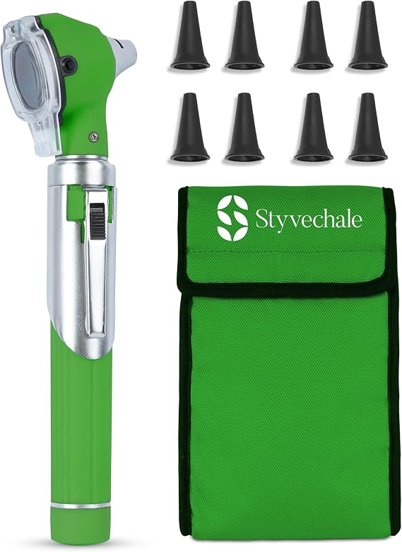 Compact Fiber Optic Otoscope Kit | 2.5V Halogen Light | Magnifying Lens | 2.5X Magnification | Portable ENT Diagnostic Set with 10 Free Specula and Carry Pouch (Green)