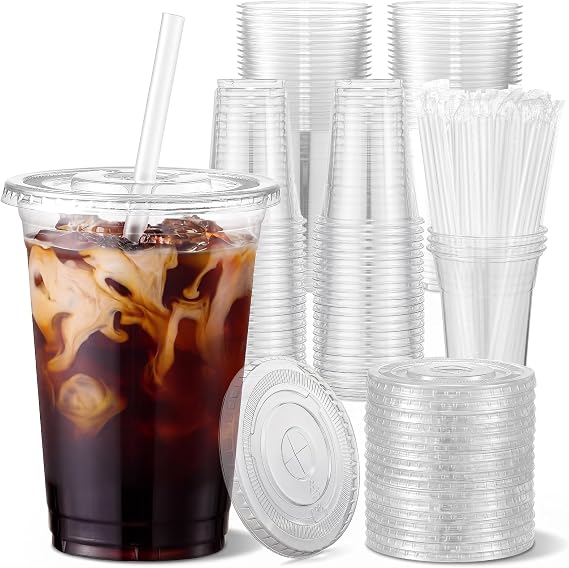 VITEVER [100 Sets - 24oz] Plastic Cups with Lids and Straws, Disposable Cups for Iced Coffee, Smoothie, Milkshake, Cold Drinks - Clear