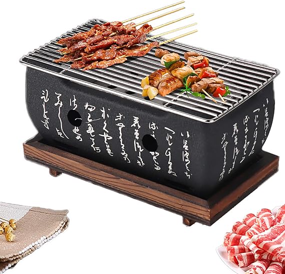 Hibachi Grill, Japanese BBQ Grill Portable Japanese Charcoal Grill Barbecue Stove Barbecue Stove with Wooden Base for Home Party (Size 24X12.5cm)