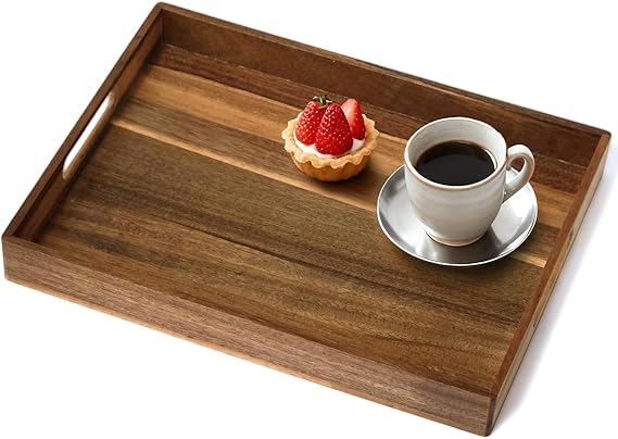 Acacia Wood Serving Tray with Handles, 17 Inch Wooden Tray for Ottoman | Natural Wood, Decorative Wood Tray for Breakfast, Lunch, Dinner, Rectangular Tray for Living Room, Kitchen Counter, Outdoor
