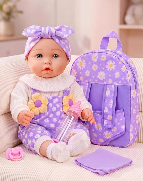 12" Flower Pattern Baby Doll With Backpack Carrier Clothes and Accessories