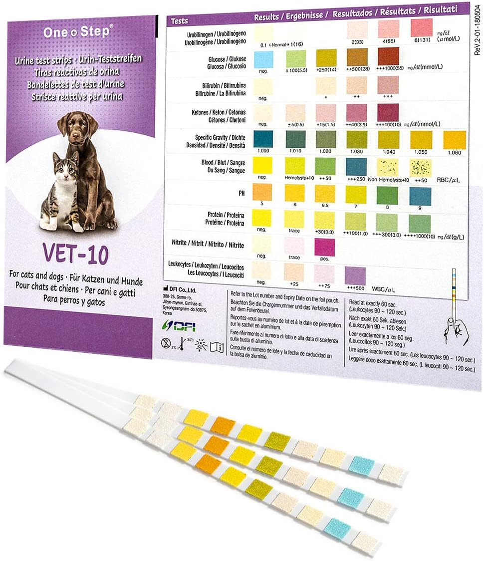 One Step Pet Urine Test Strips, 15 x Urinalysis 10 Parameter Tests in a Re-sealable Foil Pouch, Tests for Dogs Cats & Animals, Accurate Testing for UTI Diabetes Bladder Kidney Liver SG pH Glucose
