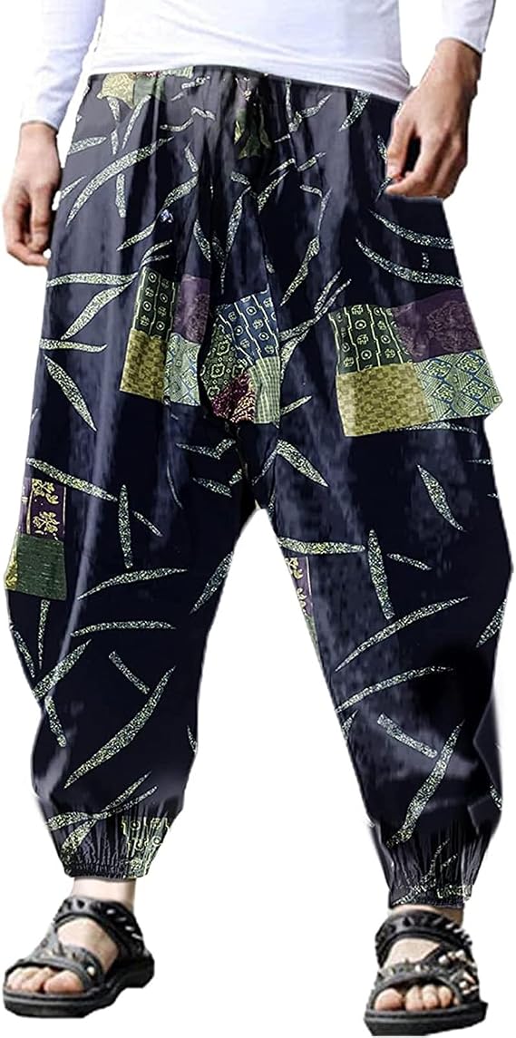 BITLIVE Men's Cotton Linen Plus Size Stretchy Waist Casual Ankle Length Pants