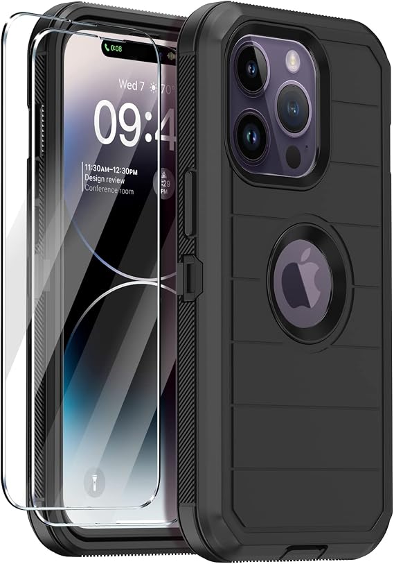 for iPhone 14 Pro Case with 2 Screen Protector,Full Body Shockproof Drop Protection Dust Proof Heavy Duty 3-Layer Rugged Durable Military Grade Cover for Apple iPhone 14 Pro 6.1" (Black)
