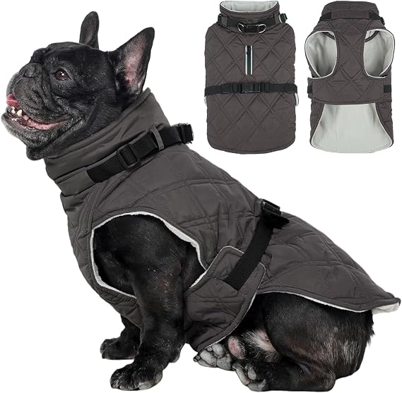 Kuoser Dog Coat Warm Fleece Lining Turtleneck Dog Jacket with Harness Built-in, Adjustable Windproof Cold Weather Coats with Quick Release Buckle Pet Winter Snowsuit for Extra Small Dogs, Grey XS