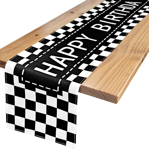 Letjolt Happy Birthday Table Runner Black Checkerboard 72 Inches
