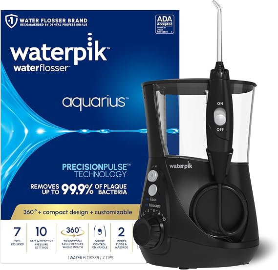 Waterpik Aquarius Countertop Water Flosser with 10 Settings, 7 Tips, Black | For Daily Home Gum Health, Dental Braces, Implants, Teeth Cleaning, Multiple Users, ADA Accepted WP-662 Packaging May Vary