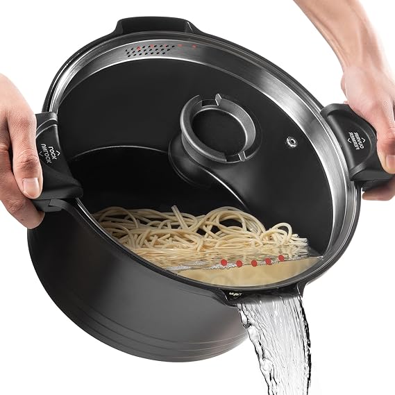 ACTIV CUISINE 5 Quart Pasta Pot with Strainer Lid, Cast Aluminum Stockpot Multi-Pot with Nonstick Ceramic Coating, Tempered Glass Lid for Easy Care, Dishwasher Safe, Induction Safe, Black