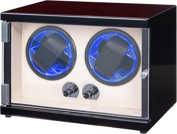 GOCHIFIX Double Watch Winder for Automatic Watches, Quiet Japanese Motor with 4 Rotation Modes & Auto-Stop, Blue LED Illuminated, Dual Power Supply, Luxury Watch Box Gift for Man/Woman's Watches