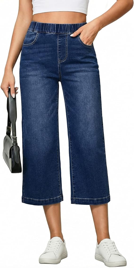 Vetinee Women's Wide Leg Elasticated Waist Jeans Baggy Stretch Cropped Jeans
